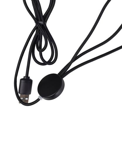 Black USB cable with a round connector on a white background