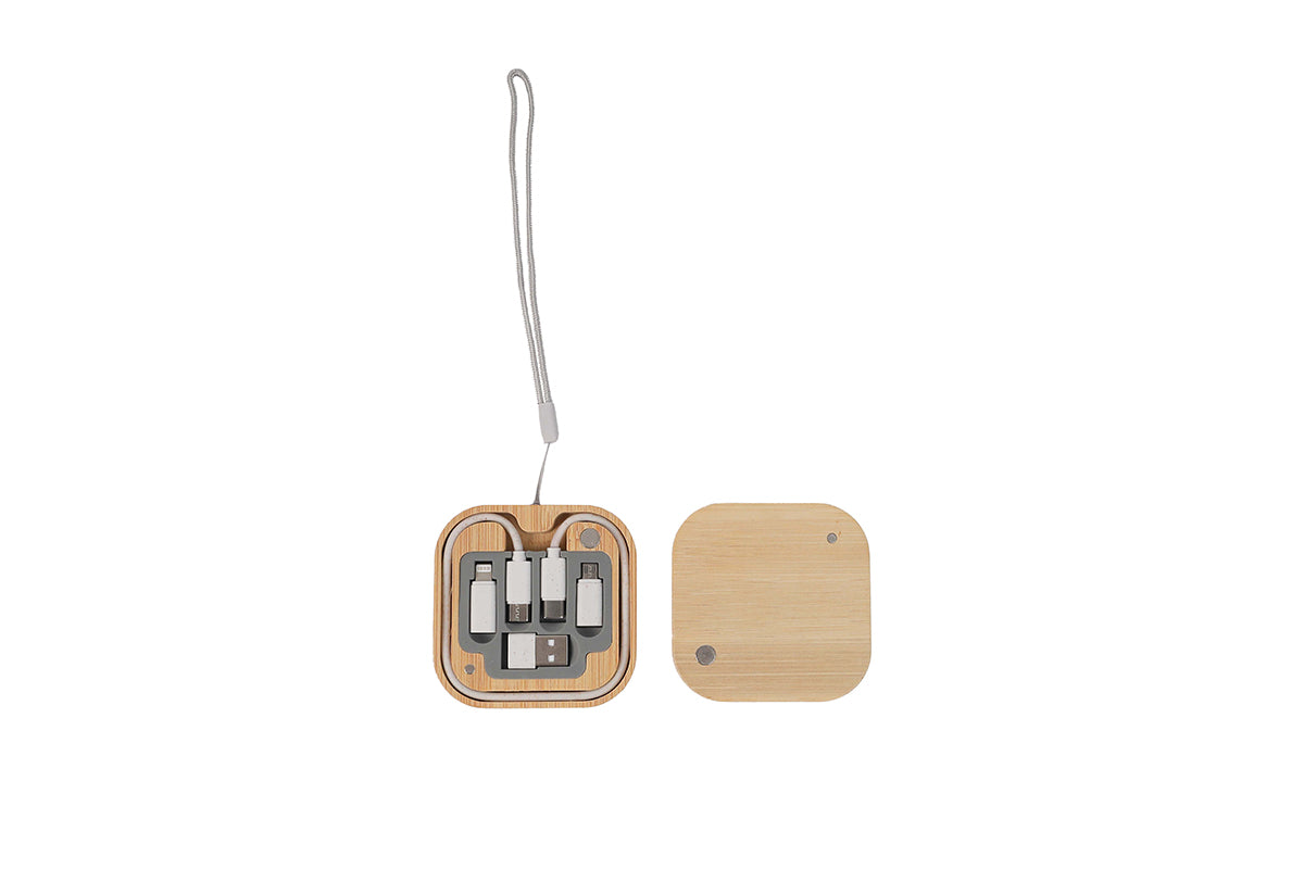 Rotating bamboo case with a set of USB adapters and cables, including Type-C, C-USB, C-micro, C-Lightning, and a 60W fast-charge cable, SIM-eject pin, and TF-slot. The case is closed with a lid showing a UV printed design.
