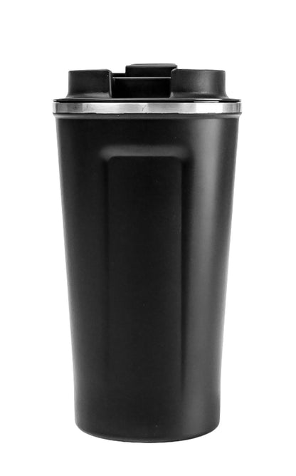 Black travel mug with a black lid on a white background