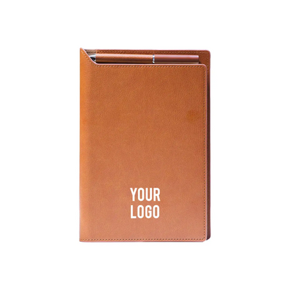 Brown leather notebook with 'YOUR LOGO' text on a white background