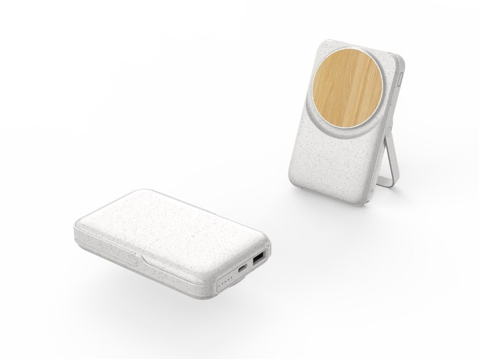 Two white power banks on a light gray background