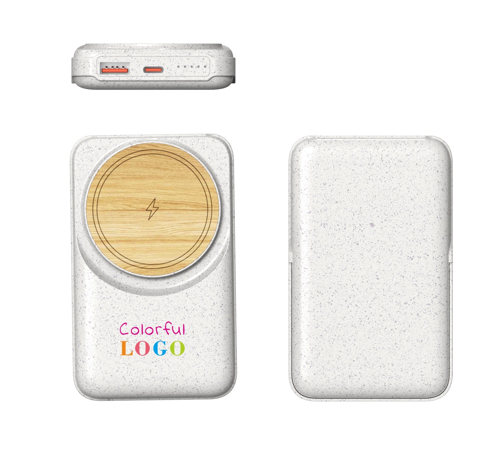 White power bank with wooden circular design on a white background