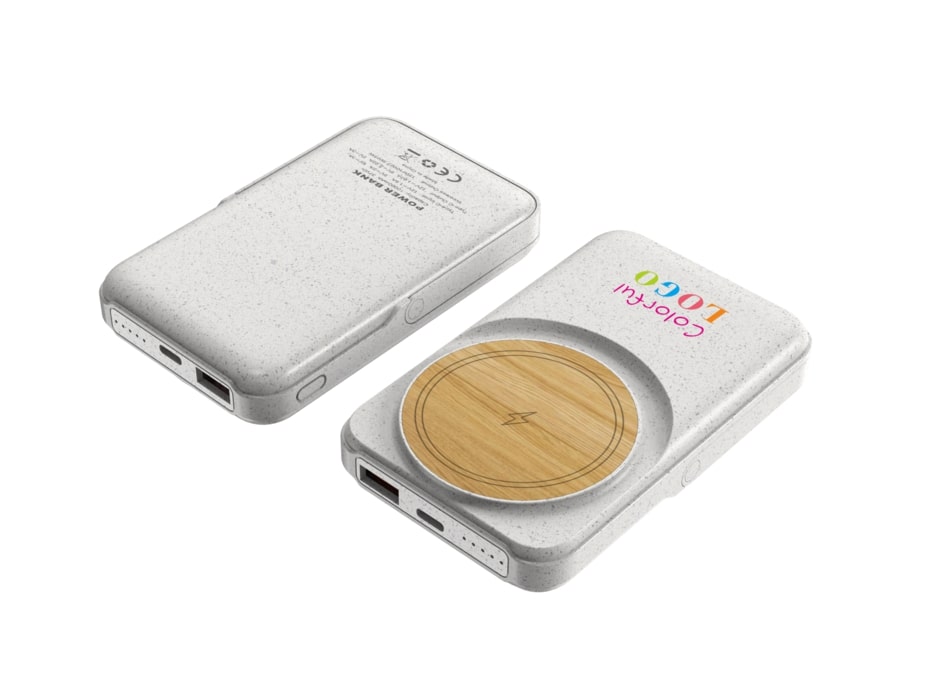 A white magnetic wireless charger with a bamboo pattern on the cover, and a USB-C connection.