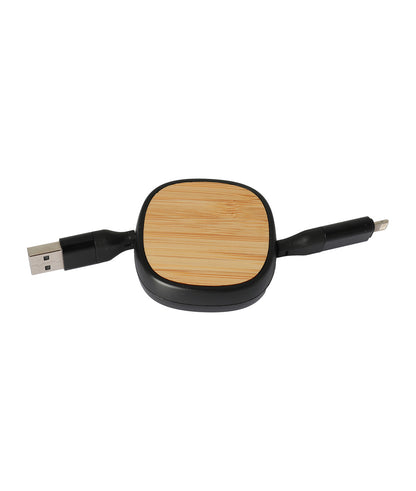 Retractable USB cable with wooden end on a white background