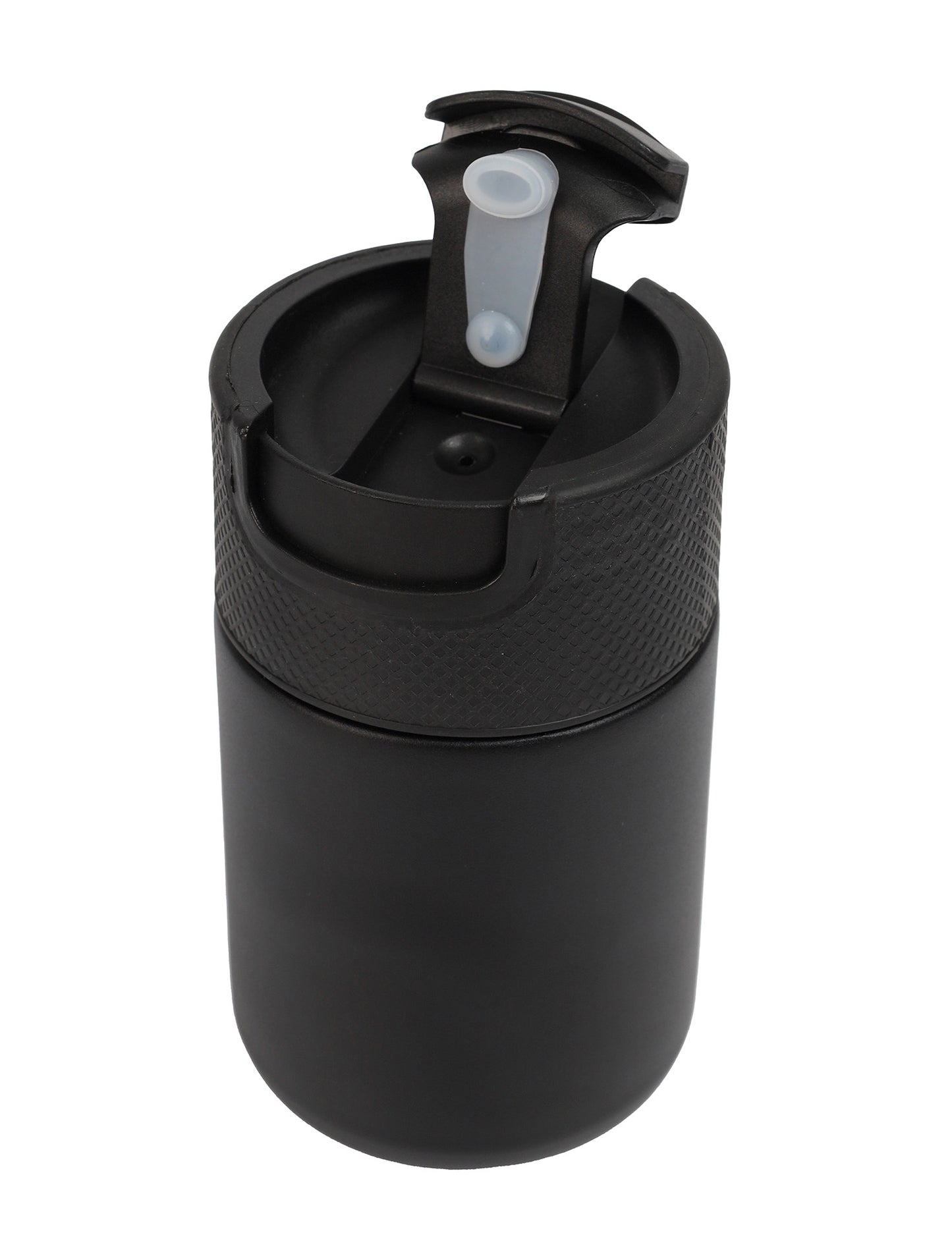 Black travel mug with a flip lid on a white background