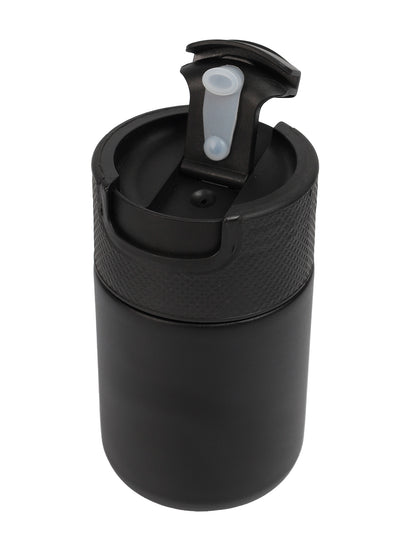 Black travel mug with a flip lid on a white background