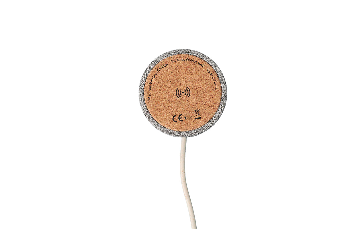 Cork wireless charging pad with cable on a white background