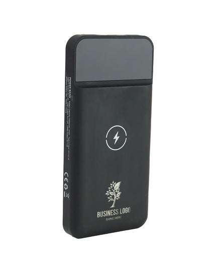 Black power bank with branding on a white background