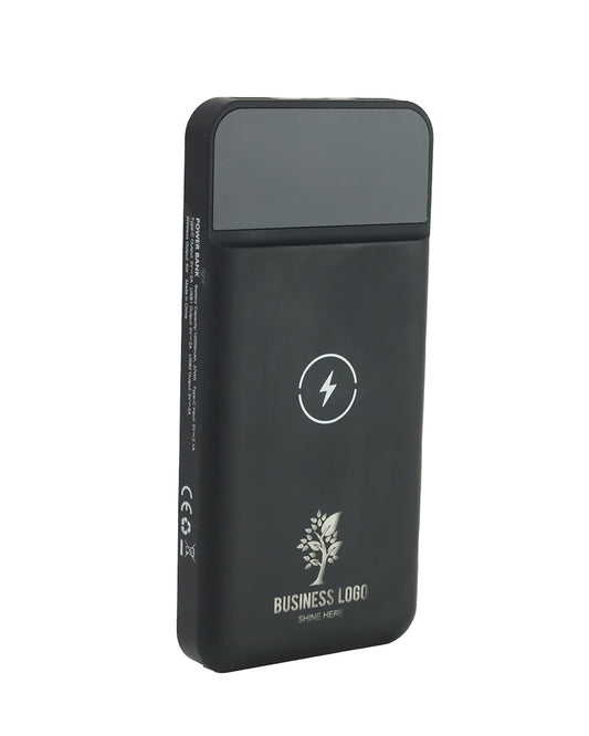 Black power bank with branding on a white background
