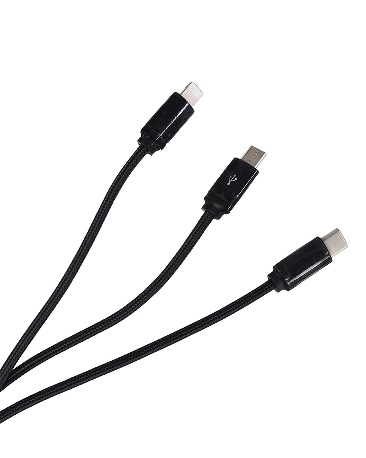 Three black USB cables with different connectors on a white background
