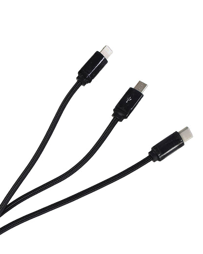 Three black USB cables with different connectors on a white background
