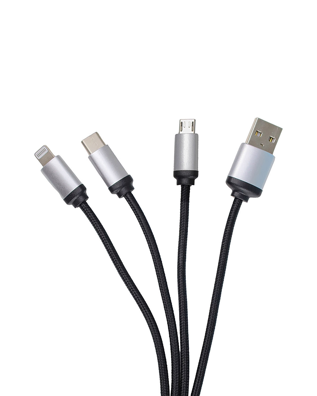 Set of four multi-device charging cables with different connectors on a white background