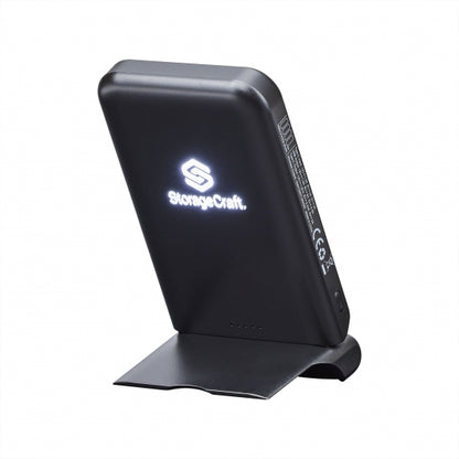 Black external hard drive with StorageCraft logo on a white background