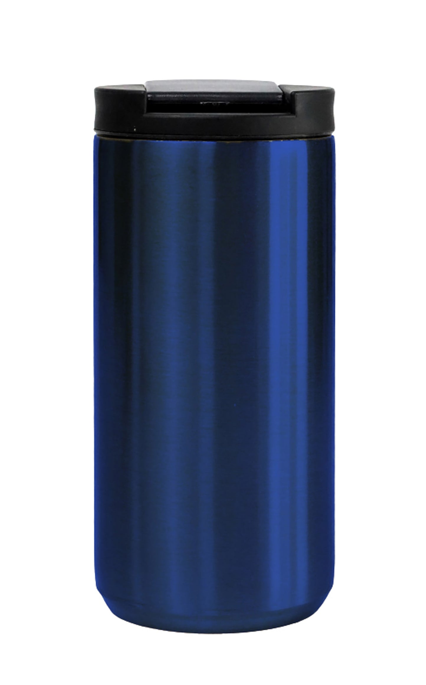 Blue travel mug with a black lid on a white background