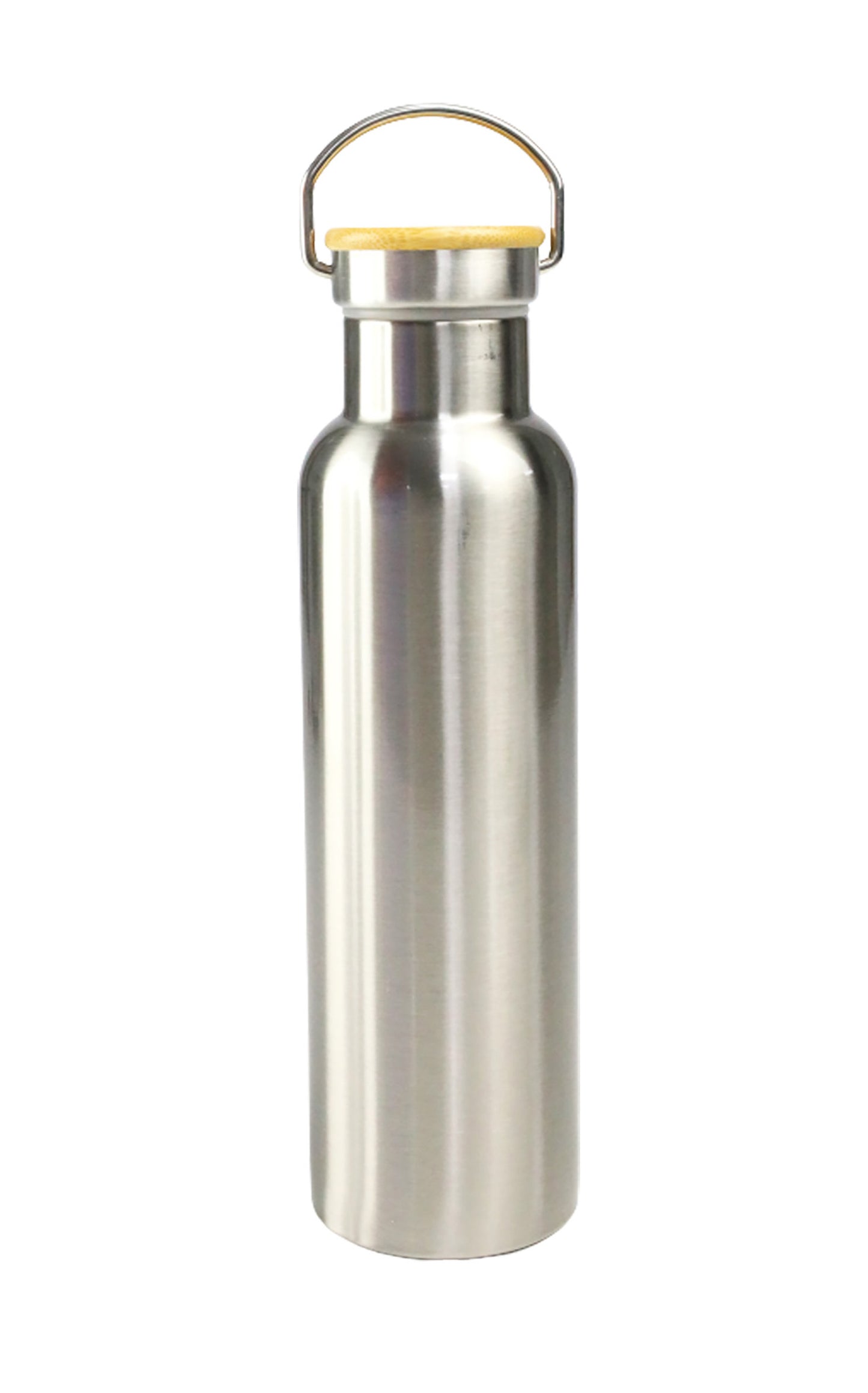 Stainless steel water bottle with gold cap on a white background