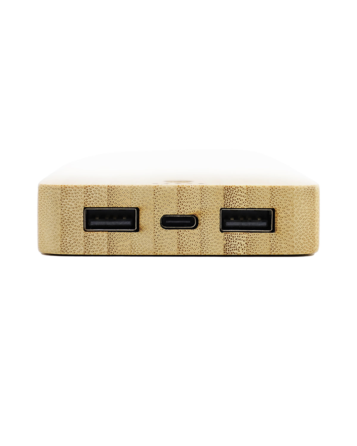 Beige power bank with two USB ports on a white background
