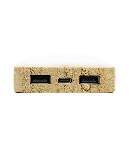 Beige power bank with two USB ports on a white background