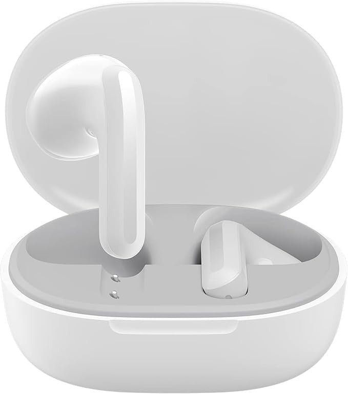 White wireless earbuds in a charging case on a white background