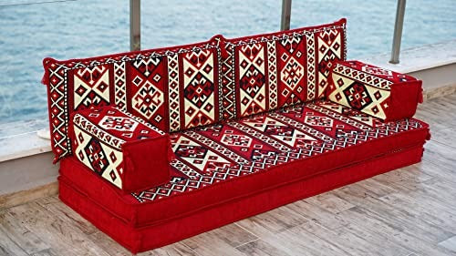 Red Moroccan Floor Seating Set – Arabic Majlis Cushion Sofa, 8" Thick Loveseat