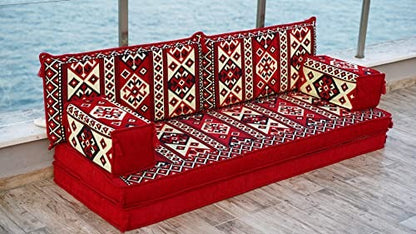 Red Moroccan Floor Seating Set – Arabic Majlis Cushion Sofa, 8" Thick Loveseat