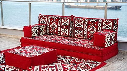 Red Moroccan Floor Seating Set – Arabic Majlis Cushion Sofa, 8" Thick Loveseat