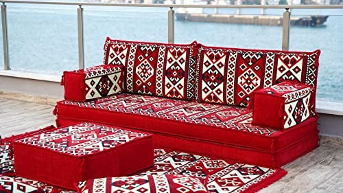 Red Moroccan Floor Seating Set – Arabic Majlis Cushion Sofa, 8" Thick Loveseat