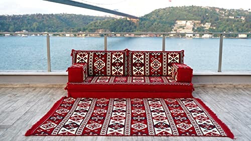 Red Moroccan Floor Seating Set – Arabic Majlis Cushion Sofa, 8" Thick Loveseat