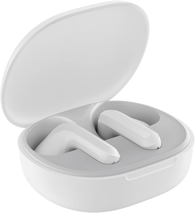 White wireless earbuds in a matching charging case on a white background