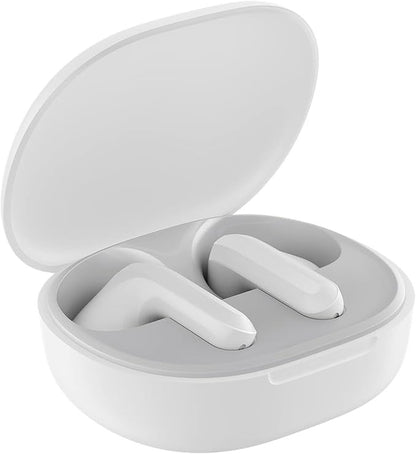 White wireless earbuds in a matching charging case on a white background