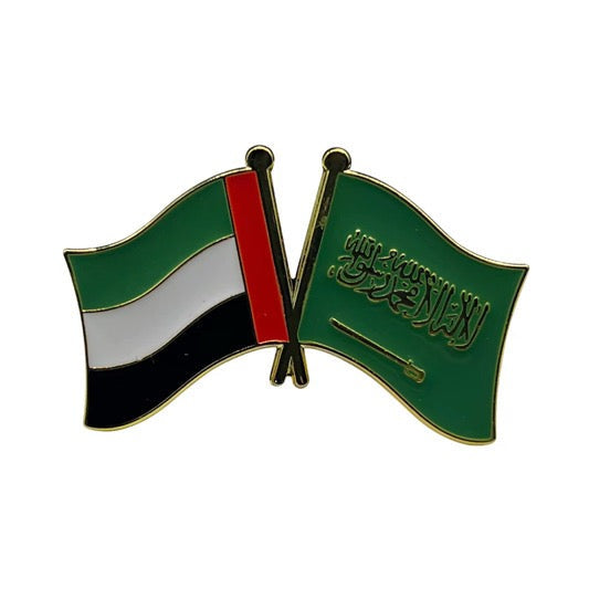 Pin with crossed flags of United Arab Emirates and Saudi Arabia on a white background