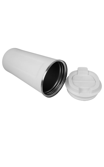 White insulated tumbler with black interior on a white background