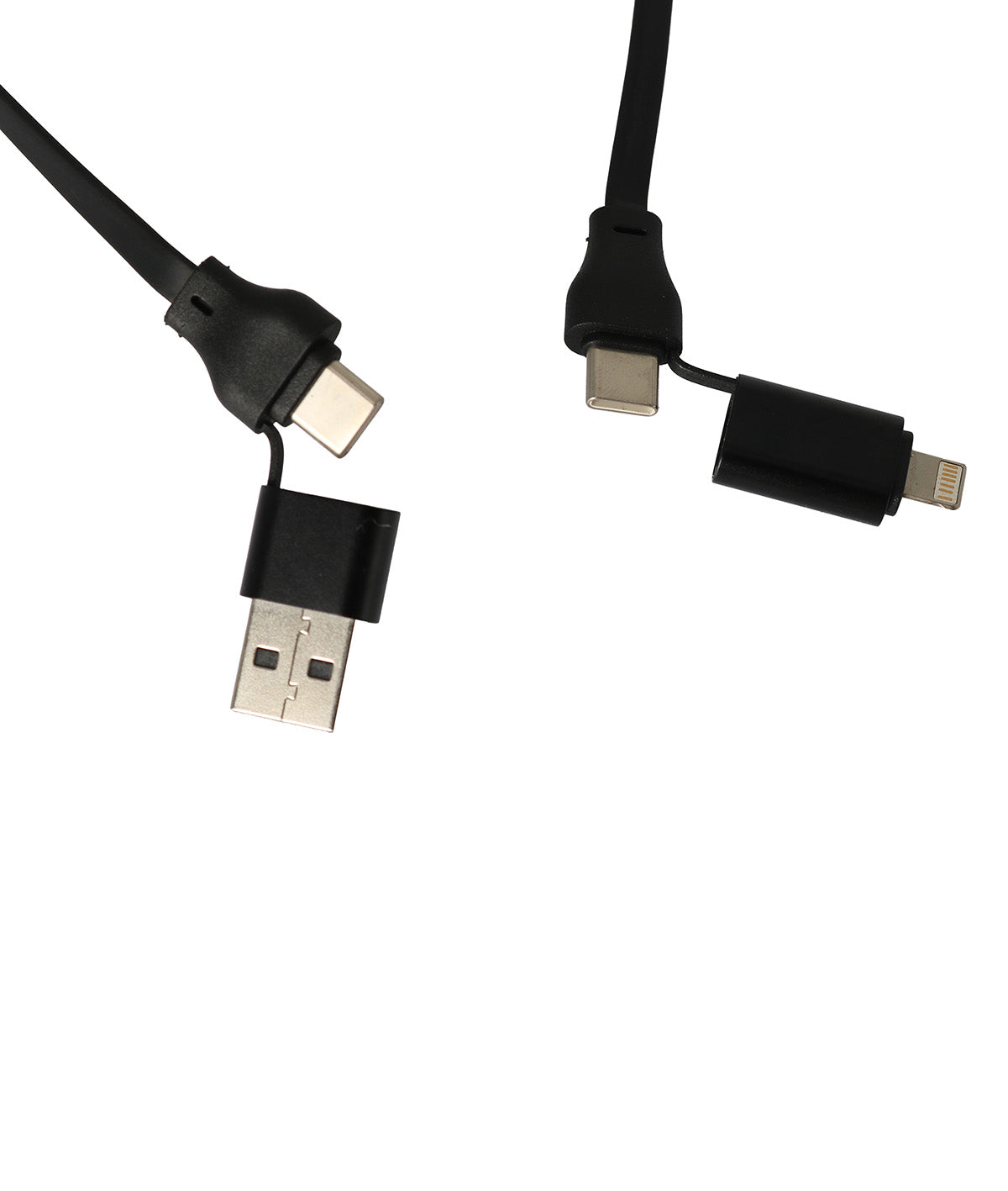 Multi-device charging cable with USB connector on a white background