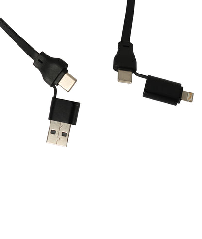 Multi-device charging cable with USB connector on a white background