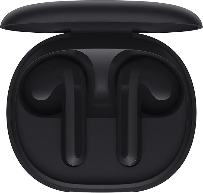 Black wireless earbuds in a charging case on a white background