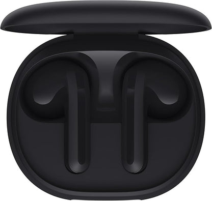 Black wireless earbuds in a charging case on a white background
