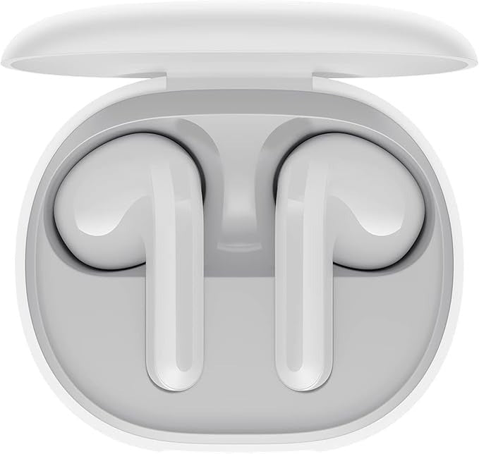 White wireless earbuds in a charging case on a white background