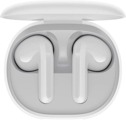 White wireless earbuds in a charging case on a white background