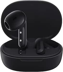 Black wireless earbuds in a charging case