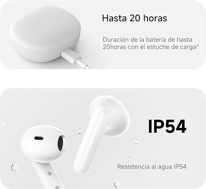 White wireless earbuds with charging case on a light gray background, featuring battery life and water resistance information.