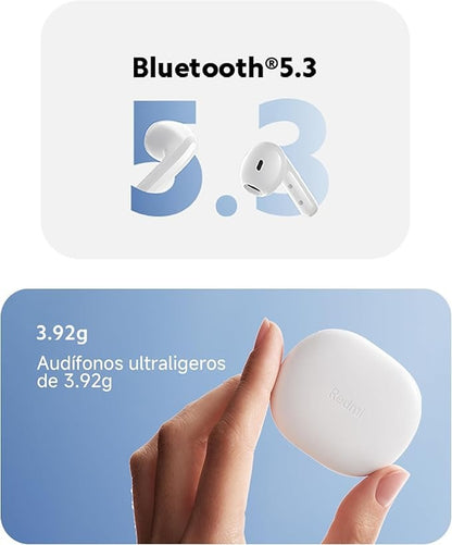White wireless earbuds with Bluetooth 5.3 branding and a hand holding the charging case on a blue background.
