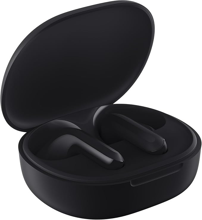 Black wireless earbuds in an open case on a white background