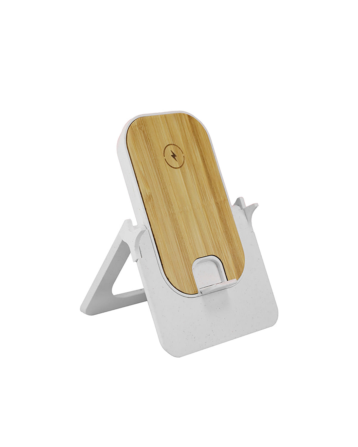 Phone stand with wooden back on a white background
