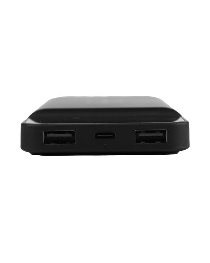 Black electronic device with multiple ports on a white background