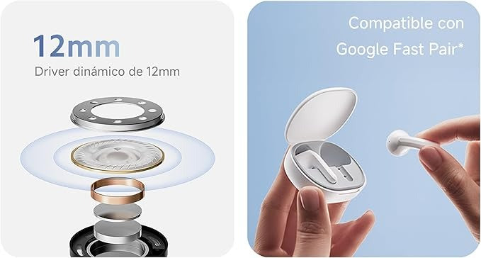 Bose QuietComfort Earbuds with technical details and compatibility information on a white and blue background.