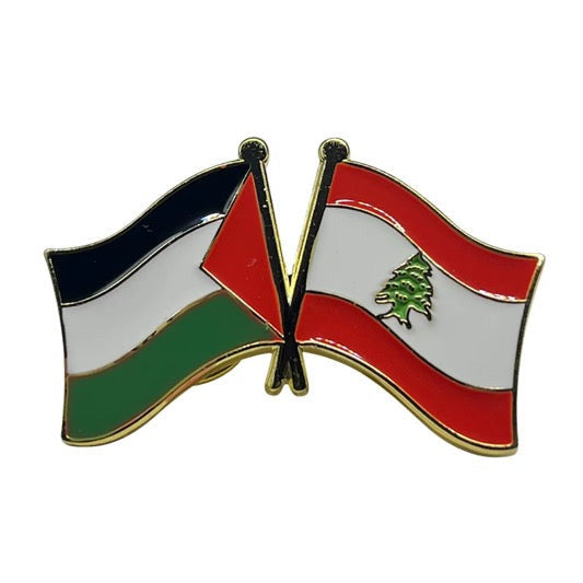 Pin with crossed flags of Palestine and Lebanon on a white background