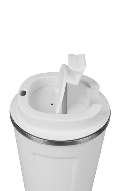 White tumbler with a lid and straw on a white background