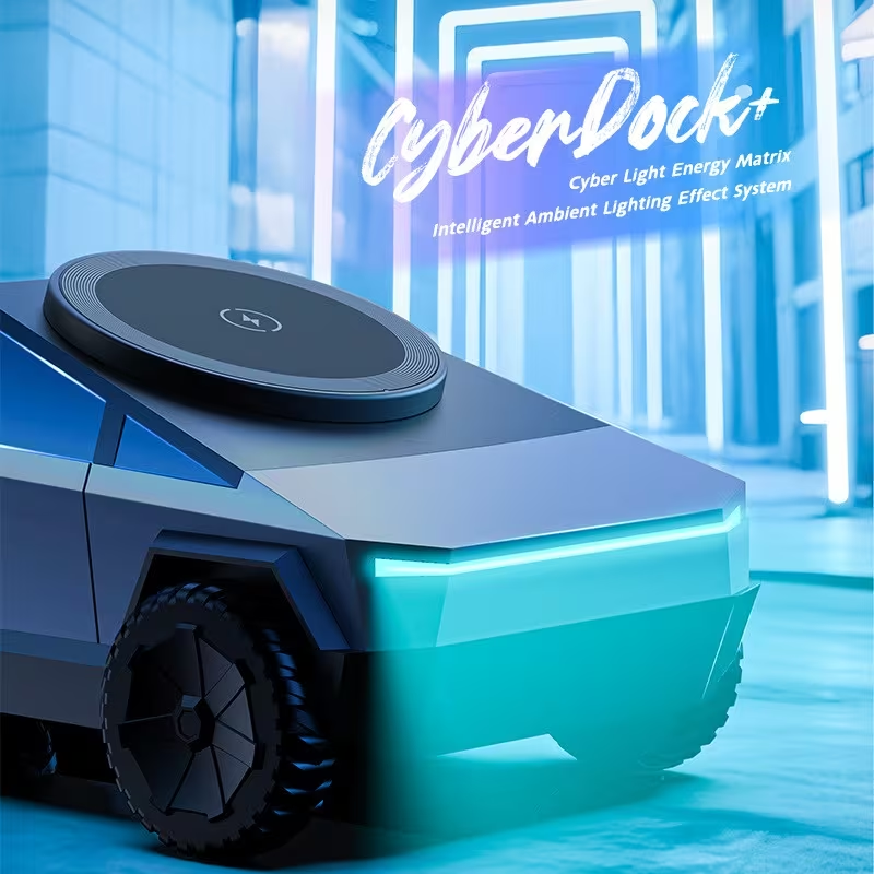 Futuristic vehicle with 'CyberDock+' branding in a high-tech setting