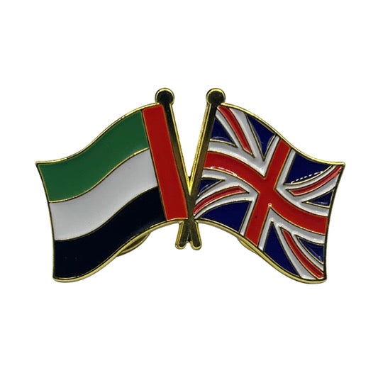 Pin with crossed flags of the United Kingdom and Palestine on a white background