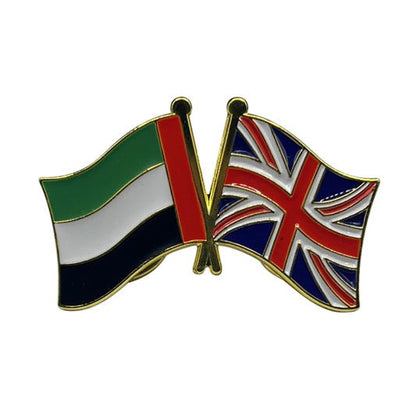 Pin with crossed flags of the United Kingdom and Palestine on a white background