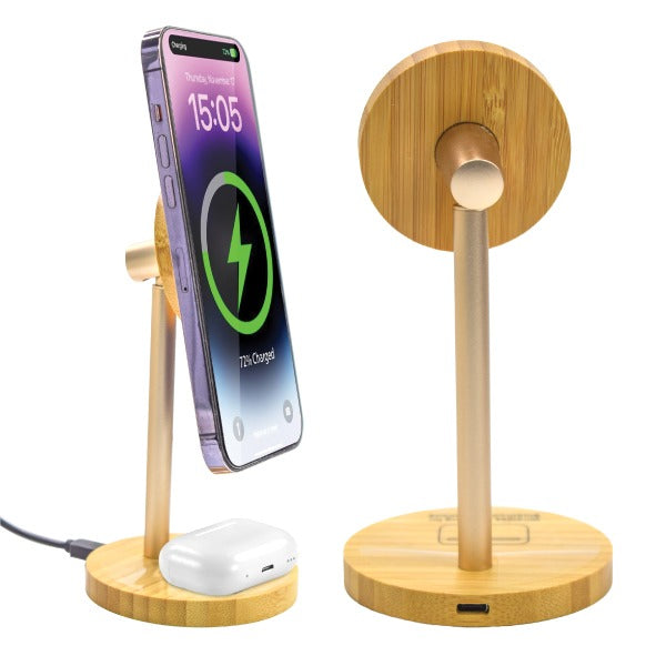 Bamboo Wireless Charger Stand with Light-Up Logo – MagSafe Compatible Dual Charging